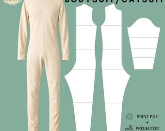 May include: A beige long-sleeve bodysuit on a mannequin next to white pattern pieces for a bodysuit or catsuit. Text includes "DRAFTED WITH RAYENA SEWING PATTERNS", "MEN'S BODYSUIT/CATSUIT", "PRINT PDF + PROJECTOR", "XS-6X", "PDF SLOPER BLOCK", and "KNIT".