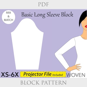 女性用ベーシック織り長袖縫製パターン PDF | トップス＆ドレス用スリーブブロック | サイズ XS～6X | ドレスとトップス用追加スリーブ