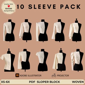 May include: A digital collection of 10 sleeve sewing patterns displayed on mannequins, featuring various styles including long, puffed, flared, and cap sleeves. The text reads 10 SLEEVE PACK, DRAFTED WITH RAYENA SEWING PATTERNS, ADOBE ILLUSTRATOR, PROJECTOR, XS-6X, PDF SLOPER BLOCK, WOVEN.