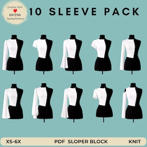Lot de 10 patrons de couture de manches en tricot pour femmes : bloc Sloper basique (XS-6X) (Patron PDF)