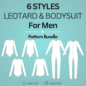 Op de afbeelding: Een digitaal patroonpakket met 6 stijlen turnpakjes en bodysuits. De afbeelding toont technische lijntekeningen van diverse kledingstukken met lange mouwen op een lichtblauwe achtergrond met de tekst 6 STYLES LEOTARD & BODYSUIT For Men Pattern Bundle.