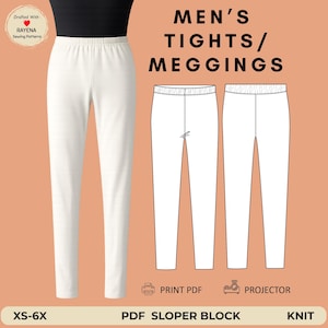 May include: A sewing pattern for tights or meggings featuring a white pair of leggings on a mannequin, a technical line drawing of the front and back views, and text reading "MEN'S TIGHTS/MEGGINGS", "PRINT PDF", "PROJECTOR", "XS-6X", and "PDF SLOPER BLOCK".