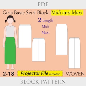 Girls Basic Skirt Sewing Pattern PDF | A-Line Skirt for Ages 2–18 | Midi & Maxi Length Options | Girls Printable Skirt Block