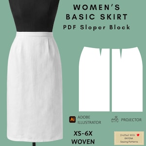 Peut inclure: Une jupe blanche basique sur un mannequin à côté d'un schéma de patron numérique. Le texte indique : WOMEN'S BASIC SKIRT PDF Sloper Block, Adobe Illustrator, Projector, XS-6X WOVEN, et Drafted With RAYENA Sewing Patterns avec une icône de cœur rouge.