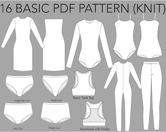 16 Basic KNITS Block Pattern Bundle Set, size XS-6X, sewing pattern bundle, pattern bundle sewing, pattern pack, basic pattern block set