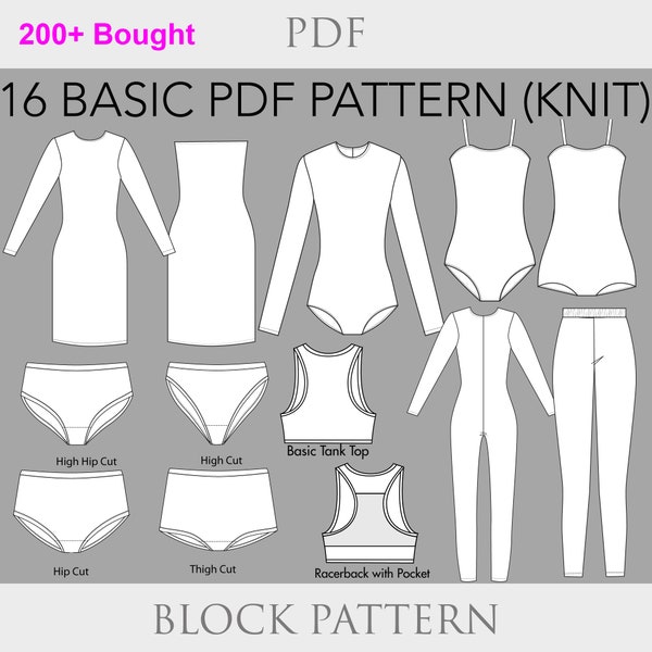 16 Basic KNITS Block Pattern Bundle-Set, Größe XS-6X, Schnittmuster Bundle, Pattern Bundle Nähen, Pattern Pack, Basic Pattern Block Set