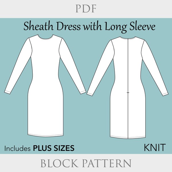 Women's Knits Sheath Dress PDF Sewing pattern size XS 6X- bodycon dress pattern, knit dress pdf, basic knit bodice pdf, knit sloper pattern