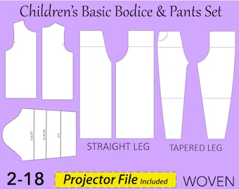 Children's Woven Bodice Pants Sloper Sewing Patterns Set, children block pattern, kids basic bodice, children basic bodice, ages 2-18