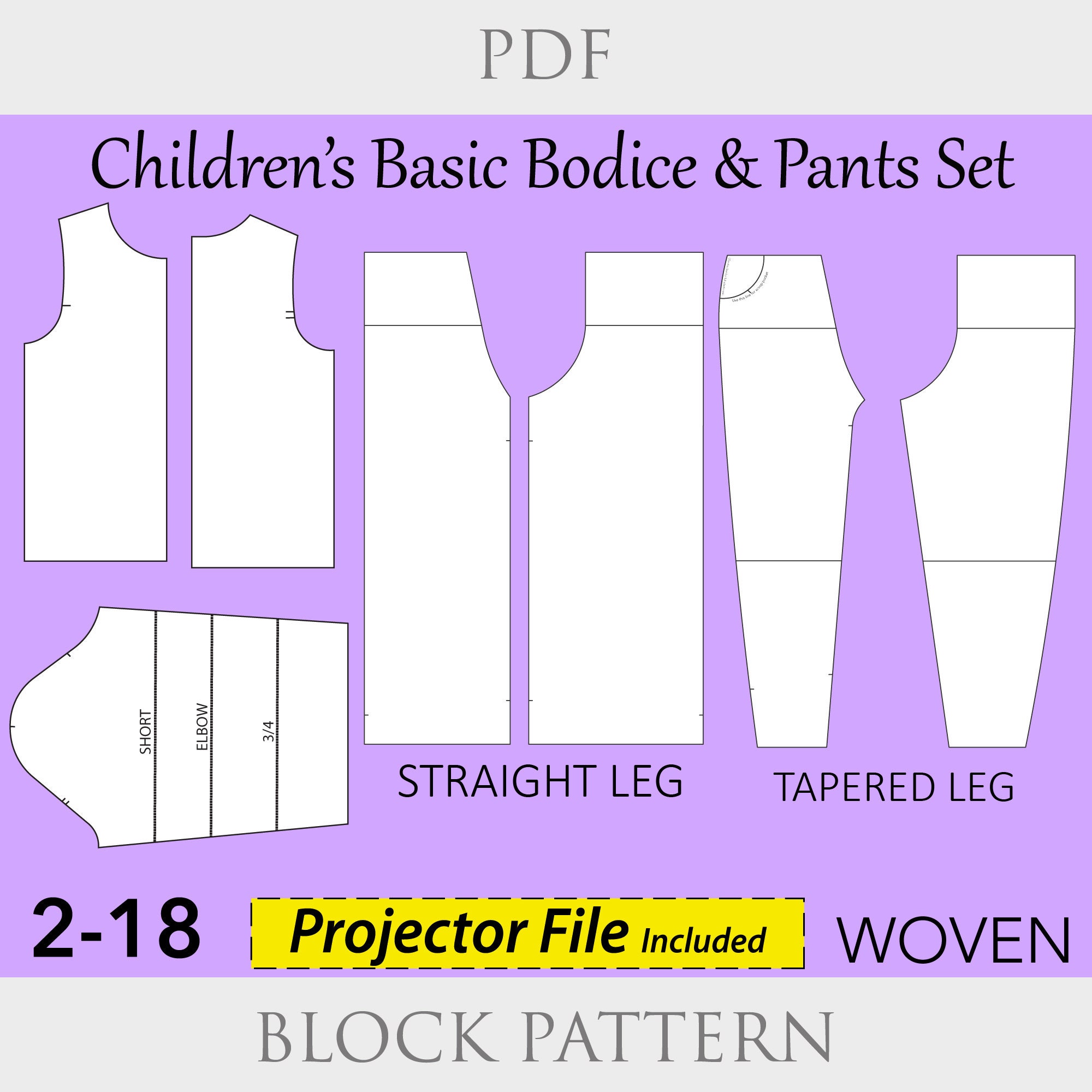 Children’s Woven Bodice & Pants Sloper Sewing Pattern Set | PDF Block Patterns for Ages 2–18 | Basic Kids Bodice and Trouser Blocks