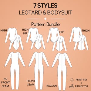 以下が含まれることがあります： 7 STYLES LEOTARD & BODYSUITというタイトルのパターンバンドル。長袖のレオタードとボディスーツの白い線画イラストが7種類あり、脚のカットや縫い目のディテールが異なり、印刷用PDFとプロジェクター用ファイルのアイコンが含まれています。