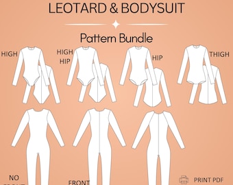 May include: A digital pattern bundle titled 7 STYLES LEOTARD & BODYSUIT featuring seven white line-art illustrations of long-sleeved leotards and bodysuits with varying leg cuts and seam details, including print PDF and projector file icons.