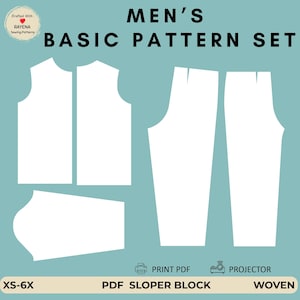 May include: A digital sewing pattern set on a light blue background with the text MEN'S BASIC PATTERN SET, XS-6X, PDF SLOPER BLOCK, WOVEN, PRINT PDF, and PROJECTOR. The white outlines show shapes for a shirt, sleeve, and trousers for garment construction.