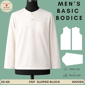 May include: A long-sleeve off-white shirt with a henley neckline, two buttons, and a chest pocket. The image includes text reading MEN'S BASIC BODICE, PDF SLOPER BLOCK, XS-6X, WOVEN, PRINT PDF + PROJECTOR, and a Rayena Sewing Patterns logo.