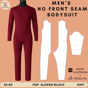 May include: A long-sleeve burgundy bodysuit with no front seam, displayed next to white sewing pattern templates. Text includes "MEN'S NO FRONT SEAM BODYSUIT", "ADOBE ILLUSTRATOR + PROJECTOR", "PDF SLOPER BLOCK", "KNIT", and "XS-6X".