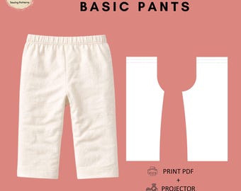 May include: Off-white baby and toddler pants with an elastic waistband, displayed alongside a white digital sewing pattern template. Text includes BABY/TODDLER BASIC PANTS, PRINT PDF + PROJECTOR, Ages NB-4T, PDF SLOPER BLOCK, and WOVEN.