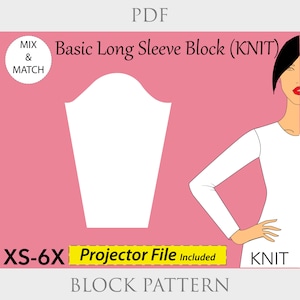 May include: A white long sleeve block pattern for knit fabric. The pattern is for sizes XS-6X and includes a projector file. The pattern is shown on a pink background with a woman wearing a white long sleeve shirt.