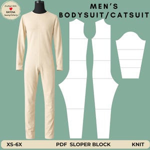 メンズキャットスーツの縫製パターン：ニットボディスーツスローパーブロック（XS～6X）（PDFパターン）