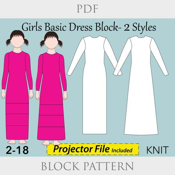 Girls Basic Knit Dress PDF Pattern, kids basic block pdf, children block pattern, girls dress pattern, girls A line dress, dress pattern pdf