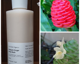 Op de afbeelding: Een doorzichtige plastic fles met een witte dop, gevuld met een lichtbruine vloeistof. De fles is gelabeld "Little Eden Organics Awapuhi Ginger Body Wash" en bevat de tekst "Naked - No essential oils, Organic and All-Natural. Gently cleans with no chemicals. For a luxurious bath experience, organically grown and handmade bath scrub. 100% Natural for our health. 8 ounces/227 ml". De fles staat op een houten oppervlak. De afbeelding toont ook twee close-ups van een rode en gele gemberbloem.