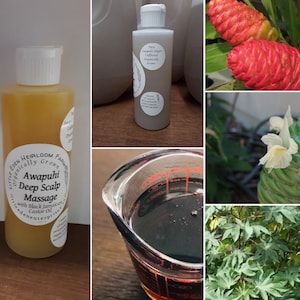 Op de afbeelding: Twee flessen met amberkleurige vloeistof met witte etiketten. De fles links heeft een etiket met de tekst "Eden Heirloom Farm Organically Grown Awapuhi Deep Scalp Massage with Black Jamaican Castor Oil Little Eden Enterprise". De fles rechts heeft een etiket met de tekst "Pure Awapuhi Ginger Infused Oil Organically Grown".