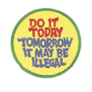 Pode incluir: Um emblema bordado circular com fundo amarelo e borda verde costurada. O texto diz DO IT TODAY em vermelho, seguido por TOMORROW IT MAY BE ILLEGAL em azul, tudo em uma fonte de estilo desenhado à mão, em negrito e levemente irregular.
