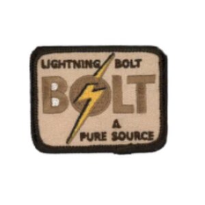 May include: A rectangular embroidered patch with a tan background and a dark brown border. It features the text LIGHTNING BOLT, BOLT, and A PURE SOURCE in dark brown, with a yellow lightning bolt graphic centered over the letter O in BOLT.