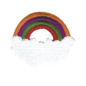 May include: An embroidered patch featuring a semi-circular rainbow with bands of orange, purple, green, and red, positioned above a white, fluffy cloud shape with a scalloped edge. The design is stitched with dense thread on a white background.