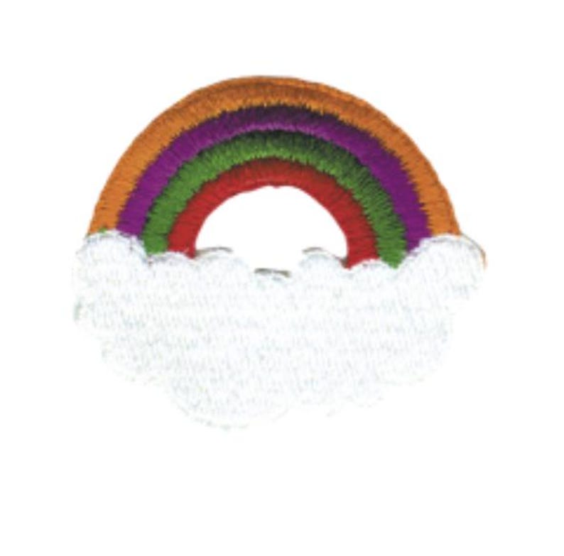 May include: An embroidered patch featuring a semi-circular rainbow with bands of orange, purple, green, and red, positioned above a white, fluffy cloud shape with a scalloped edge. The design is stitched with dense thread on a white background.