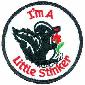 May include: A circular embroidered patch with a white background and a black border. It features a black and white skunk holding a red flower with a green stem. The red text above reads I'm A and the red text below reads Little Stinker.