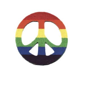 May include: A circular embroidered patch featuring the peace symbol. The design is composed of horizontal stripes in red, orange, yellow, green, blue, and purple, creating a vibrant rainbow colour scheme with a textured thread finish.