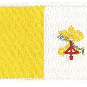 May include: A rectangular embroidered patch featuring the flag of Vatican City. The left side is solid yellow, and the right side is white, displaying the yellow tiara and crossed keys emblem with a small red detail centered on the white section.