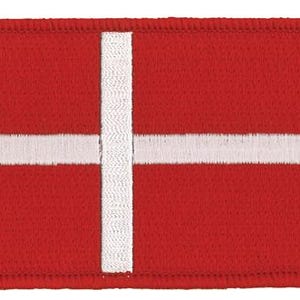 May include: A rectangular embroidered patch featuring a solid red background with a white horizontal stripe and a white vertical stripe intersecting to form a cross. The edges of the patch are finished with a thick, stitched red border.