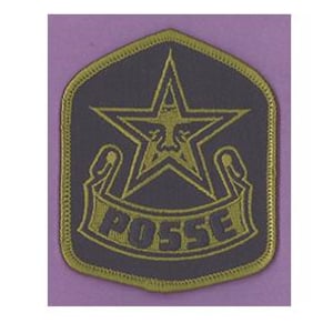 May include: A shield-shaped embroidered patch featuring a dark navy blue background with a gold-colored star and a banner underneath containing the word POSSE in bold, dark navy blue capital letters, all outlined with a gold-colored border.
