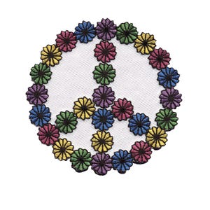 May include: A circular embroidered patch featuring a peace sign symbol constructed from individual small flower motifs. The flowers are stitched in vibrant shades of blue, purple, green, yellow, and pink, arranged against a white fabric background.