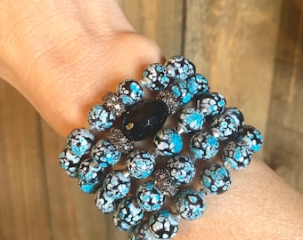 Blue Glass Beaded Stacking Bracelets / Cuff