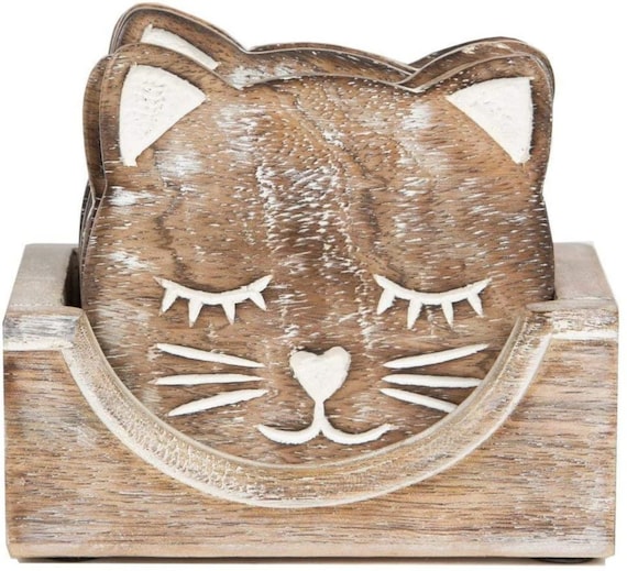 Personalised Pack Of Six Wooden Cat Coasters