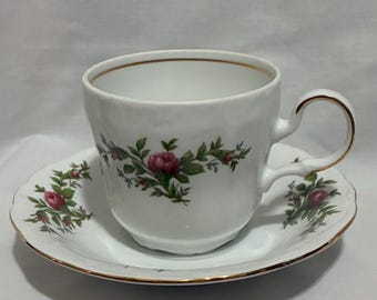 Vintage Johann Haviland Moss Rose Teacup and Saucer Set, Traditions Fine China Collection, 1990s Pink Floral Porcelain with Gold Trim