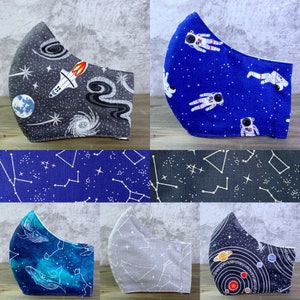 3-layer Space Themed Reusable Washable Fabric Cotton Face Mask, Filter Pocket, Whale, Constellation, Planet, Solar System, Astronaut