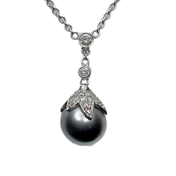 Fortunoff Solid 18k White Gold Natural Tahitian Cultured Pearl and Diamond Necklace | Birthday Wedding Anniversary Gift For Her | 18”