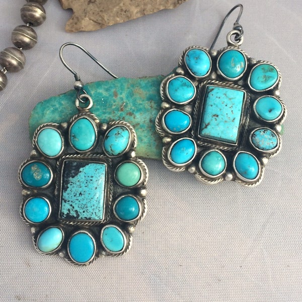 Stunning Vintage Native American Cluster Turquoise Sterling Silver Earrings