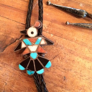 Vintage Zuni Sterling Silver Thunderbird Inlay Bolo Tie | Turquoise, Coral, Jet & Shell | Native American Jewelry