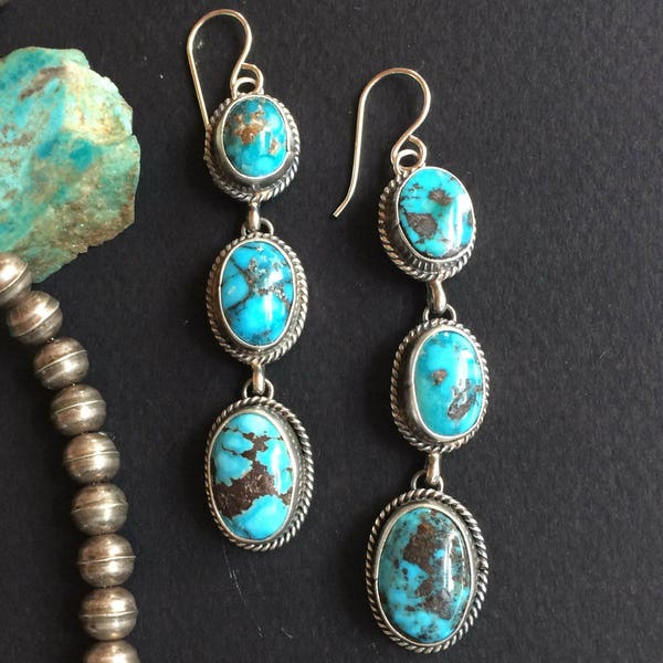Gorgeous Vintage Natural Persian Turquoise Earrings by Navajo Artist Annie Hoskie