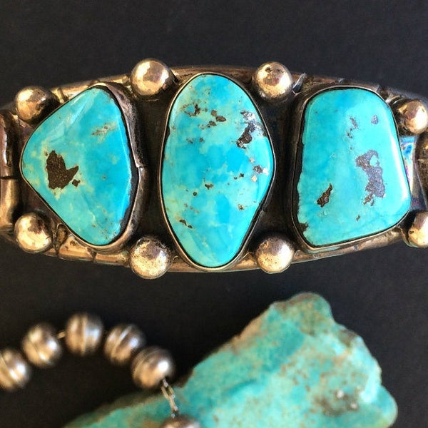 Navajo Turquoise Bracelet - Vintage Blue Gem Natural Turquoise & Sterling Silver Cuff