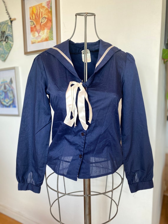 Vintage women's Blouse / 1990s Navy Sailor Inspire