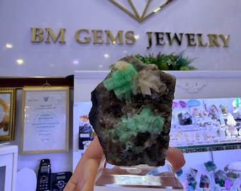 Op de afbeelding: Een ruw smaragd mineraal exemplaar uit Colombia, met levendige groene kristalformaties ingebed in een donkere, getextureerde matrix. Het mineraal is gemonteerd op een doorzichtige acrylstandaard met een wit label met de tekst EMERALD MINERAL ORIGIN-COLOMBIA.