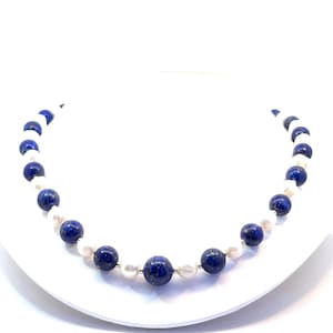Afghan lapis lazuli and freshwater pearl Necklace, Natural pearls and lapis AAA quality, 18k white gold plated charming jewelry