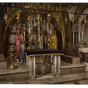 El Calvario y el altar griego, Jerusalén, Tierra Santa] 1890. Reimpresión de postal fotográfica antigua, tamaño 8x10.