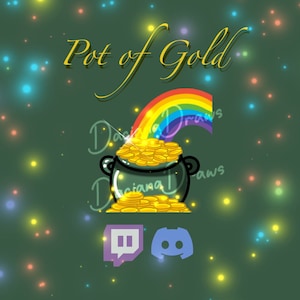 Puede incluir: Un fondo verde con un pote de oro al final de un arcoíris. El pote de oro está lleno de monedas de oro. El texto "Pot of Gold" está escrito en una fuente cursiva dorada en la parte superior de la imagen. La imagen también incluye los logotipos de Twitch y Discord.