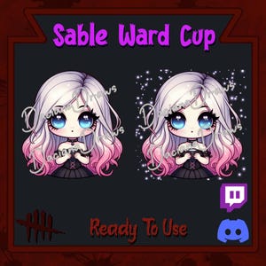 Pode incluir: Sable Ward Cup, uma ilustração digital de uma garota de anime fofa com cabelo rosa e branco, vestindo um vestido preto e segurando uma xícara. A imagem está pronta para ser usada no Twitch e Discord.