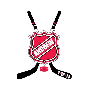 May include: A red and white hockey shield with the name "ANDREW" on it, crossed hockey sticks with a black puck underneath. The sticks have the numbers "1-18-14" on them.